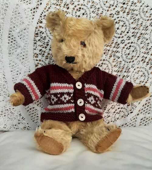 *BEAR KNITS* Hand Knitted teddy clothes burgundy and grey,cardigan fit 14