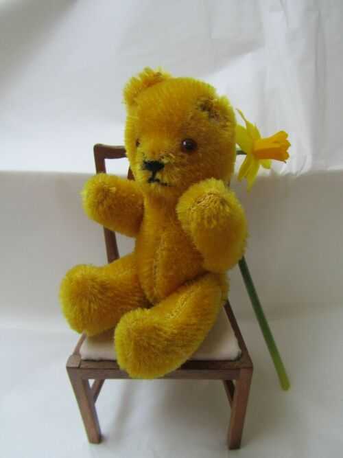 Vintage Yellow Mohair Little jointed Bear hard filled German?and Mini Chair