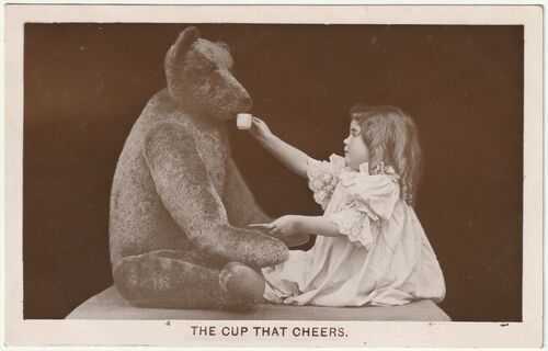 Early RP Postcard - Edwardian Tea Party Girl and Giant (Steiff?) Teddy Bear
