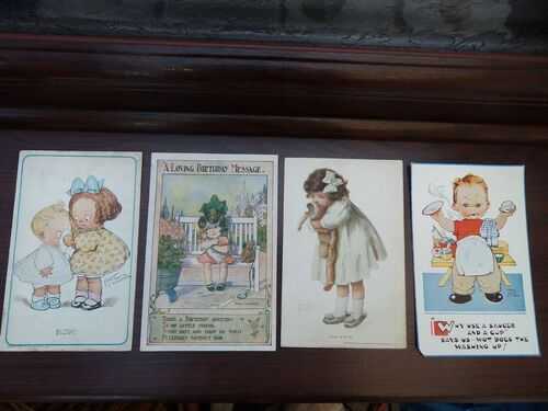 Job lot 4 x old vintage postcards antique bear doll display