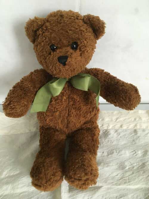 Harrods Soft Brown Teddy Bear Green Ribbon Neck Tie Very Collectible