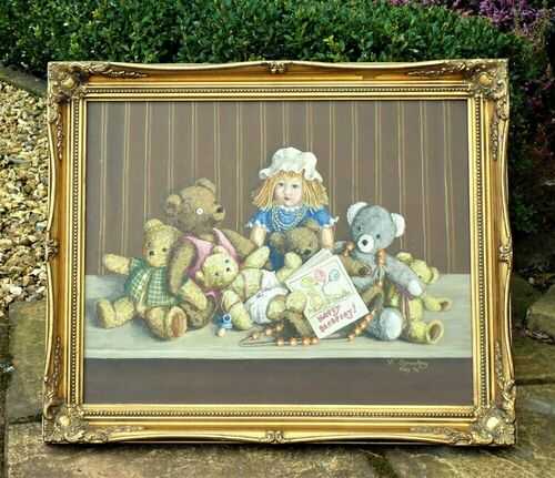 Original signed painting Doll and teddy bears Vi' Sprawling * Happy Bearfday