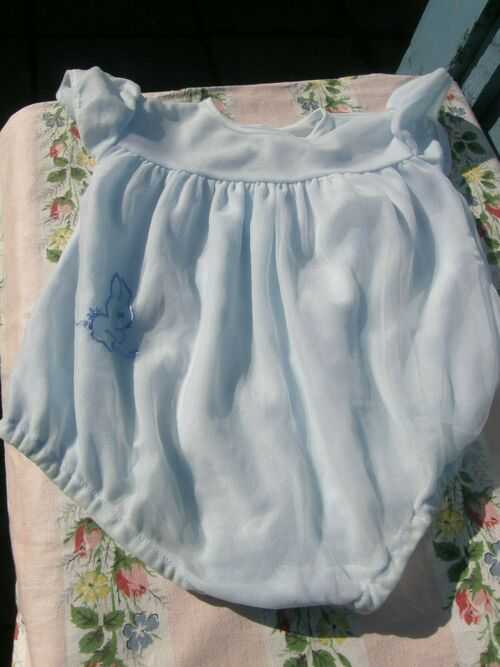 TWO SWEET VINTAGE BABY CLOTHES ROMPERS,BUNNY,GINGHAM,1950S.ANTIQUE,OLD BEAR,DOLL