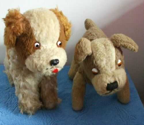 2 X VINTAGE LARGE DOGS WITH GOOGLY GLASS EYES NICE DOLL OR TEDDY COMPANIONS