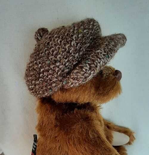 *BEAR KNITS*Hand Knitted brown fleck Peak Cap  to fit  10  size bear