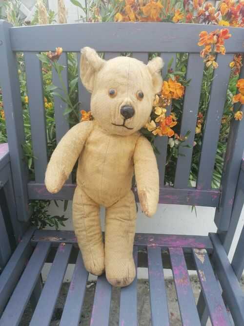 Old 1940's Much Loved Teddy Bear Fully Jointed Straw Filled 18