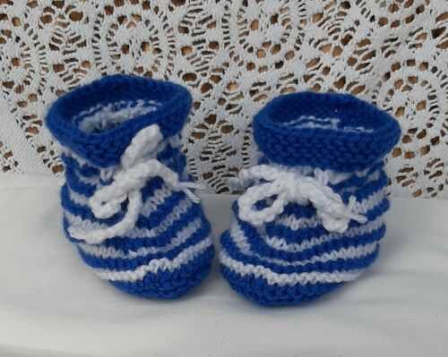 *BEAR KNITS* Hand Knitted blue and white nautical bootees fit up to 4.5  foot