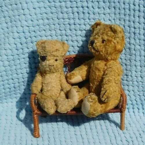 Pair of Smaller Very Old Bears, Mohair, lovely old boys on bench. Rare find.