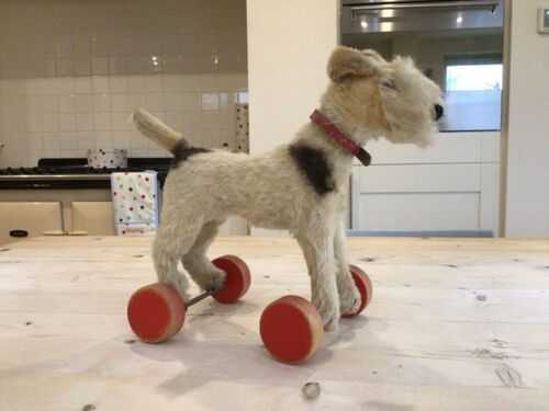 Antique vintage Steiff fox terrier on wheels,mohair toy foxy dog,button,tag,bear
