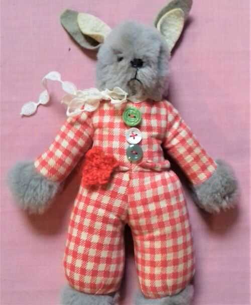 Small vintage rabbit in gingham outfit glass eyes